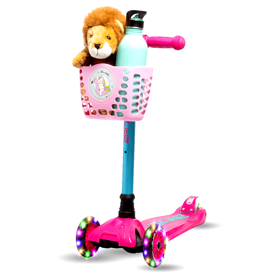 I-GLIDE 3 Wheel Kids Scooter with Basket - Pink/Aqua