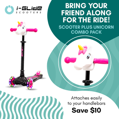 I-GLIDE 3 Wheel Kids Scooter Black/Pink with Unicorn Head